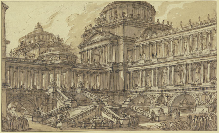 Großartiges Gebäude mit Kuppel, Säulenhallen und vielen Treppen und Figuren van Giovanni Battista Piranesi