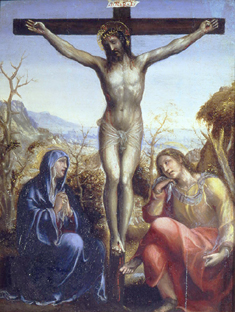 Christus am Kreuz mit Maria und Johannes dem Evangelisten van Giovanni Bazzi Sodoma