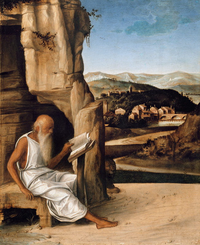 St. Jerome Reading in a Landscape van Giovanni Bellini