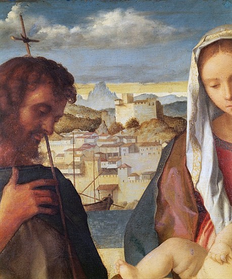 Madonna and Child with St.John the Baptist and a Saint, detail of the background waterside city, c.1 van Giovanni Bellini
