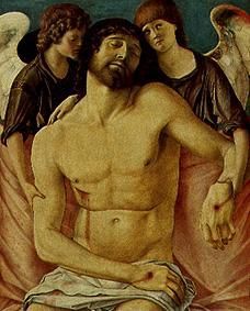 Der tote Christus, von zwei trauernden Engeln, gestützt. van Giovanni Bellini
