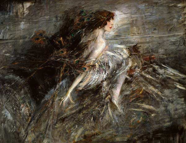 Portrait of the Marquise with peacock pens van Giovanni Boldini