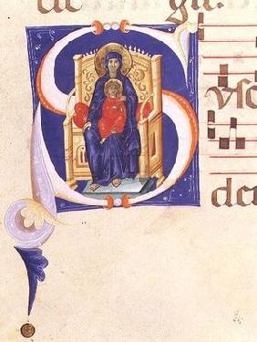 Ms 562 f.16r Historiated initial 'S' depicting the Madonna and Child enthroned, from a gradual from