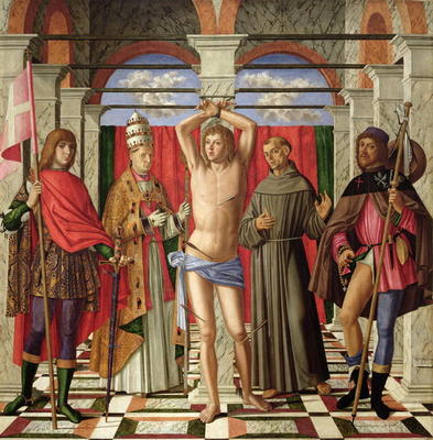 Saint Sebastian with Saints Liberale, Gregory, Francis and Roch (oil on panel) van Giovanni di Niccolo Mansueti