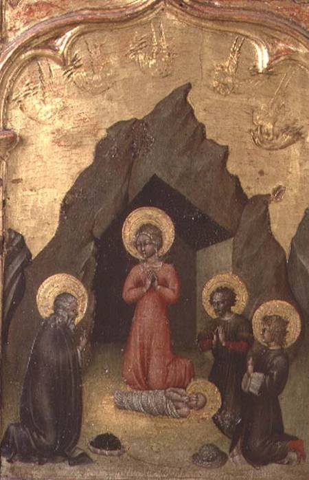 Adoration of the Child by the Virgin, St. Joseph and two saints van Giovanni  di Paolo di Grazia