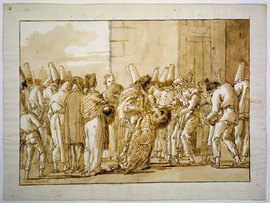Punchinellas Father Brings Home His Bride van Giovanni Domenico Tiepolo