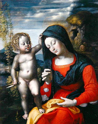 The Madonna Sewing (oil on canvas) van Giovanni Francesco Caroto
