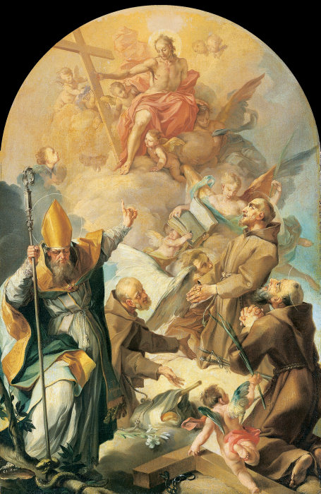 Three Capuchin Saints and a Bishop Worshipping Christ and the Cross van Giovanni Lanfranco
