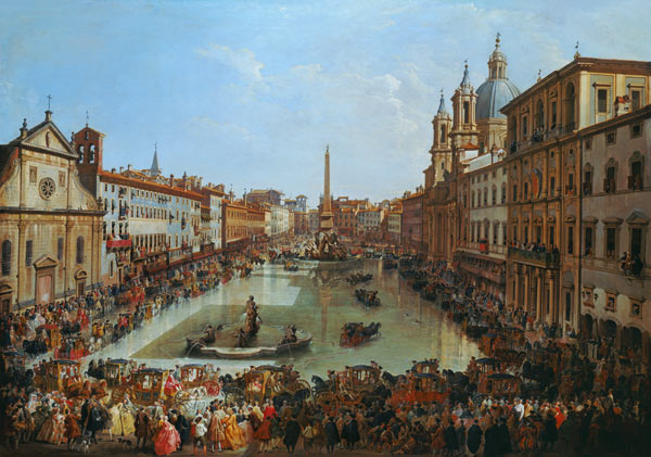 Piazza Navona in Rom unter Wasser gesetzt. van Giovanni Paolo Pannini