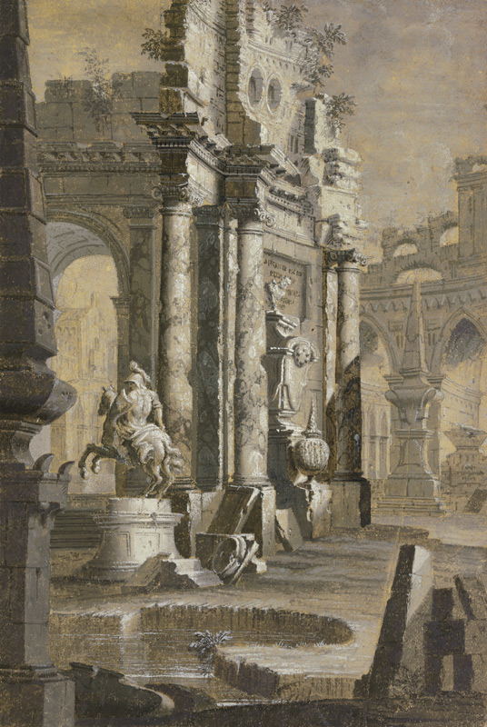 Reiterstandbild inmitten einer antiken Ruinenlandschaft van Giovanni Paolo Pannini