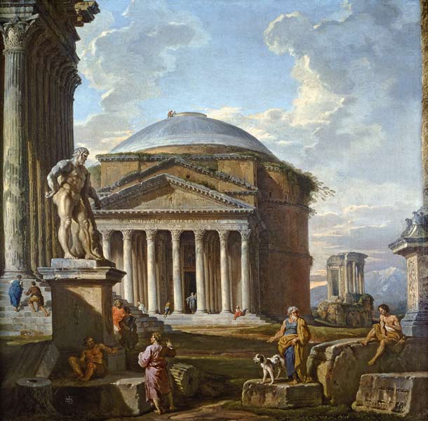 View of the Pantheon, the Farnese Hercules and other Roman Ruins van Giovanni Paolo Pannini