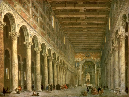 Interior of the Church of San Paolo Fuori le Mura, Rome van Giovanni Paolo Pannini