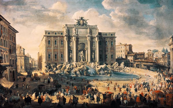 Papst Benedikt XIV. besucht die Fontana di Trevi in Rom van Giovanni Paolo Pannini