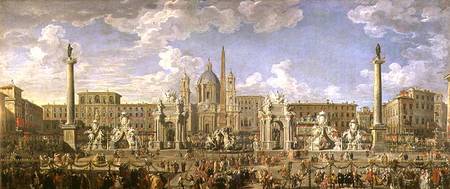 Festdekoration und Vorbereitungen zu einem Feuerwerk auf der Piazza Navona am 30.November 1729 van Giovanni Paolo Pannini