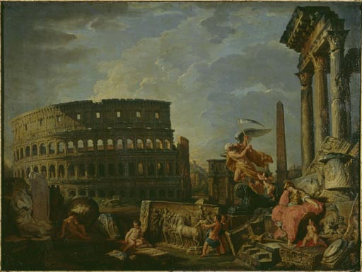Ruinenlandschaft mit Kolosseum und Konstantinsbogen und Allegorie auf den Untergang des Roemischen R van Giovanni Paolo Pannini