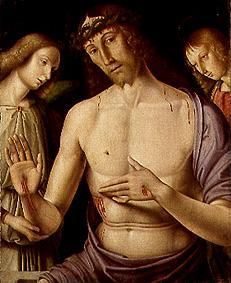 Christus im Grabe mit zwei Engeln van Giovanni Santi