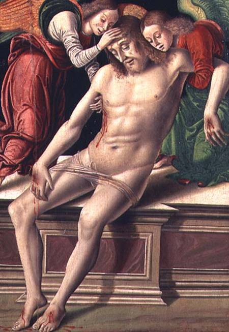 Dead Christ supported by two angels van Giovanni Santi or Sanzio