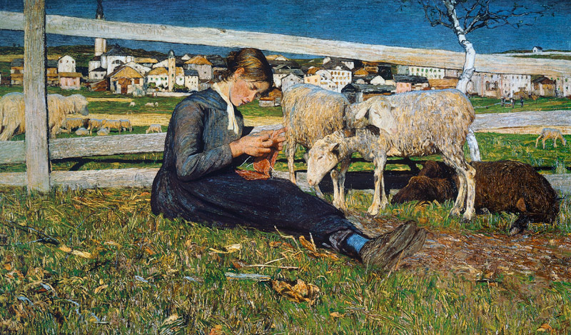 A Girl Knitting van Giovanni Segantini