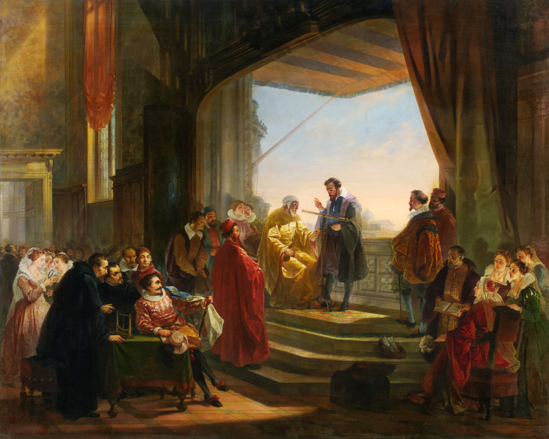 Galilei macht vor dem Dogen Leonardo Donato und dem Senat von Venedig den ersten Versuch mit Telesko van Giovanni Servi