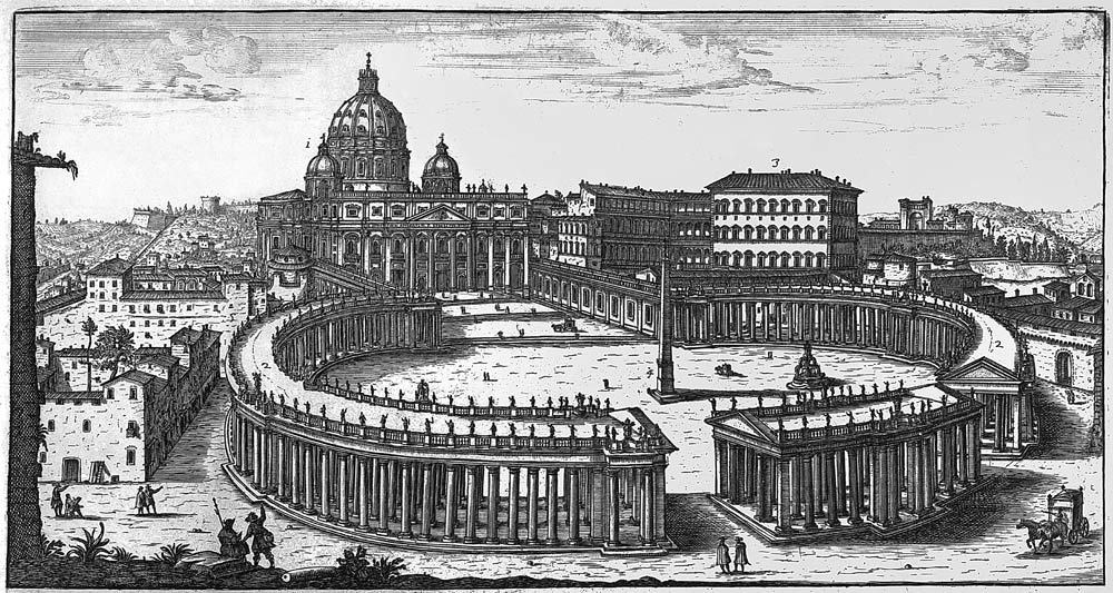 Bernini''s original plan for St. Peter''s Square, Rome van Giovanni Battista Falda