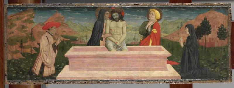Imago pietatis mit Maria und Johannes und einem Stifterpaar. van Giovanni Francesco da Rimini