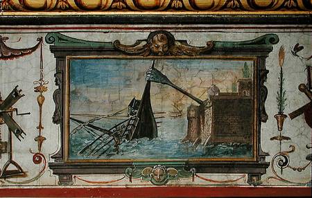 An device that allowed Archimedes (c.287-12 BC) to drag a ship ashore, Stanza della Mattematica van Giulio Parigi