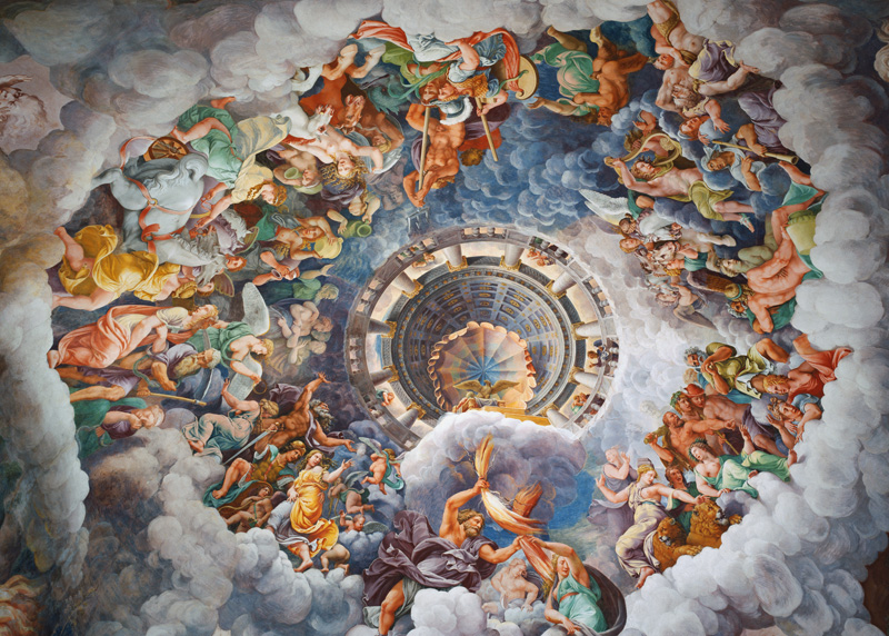 The Gods of Olympus, trompe l'oeil ceiling from the Sala dei Giganti van Giulio Romano