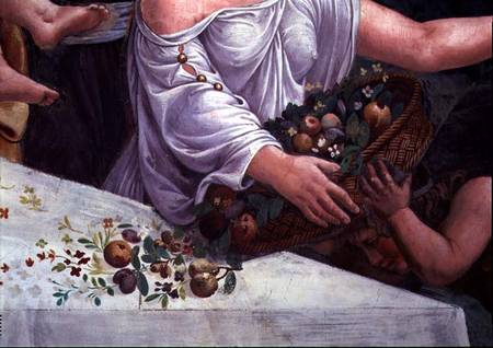 A basket of fruit and flowers, detail of the rustic banquet celebrating the marriage of Cupid and Ps van Giulio Romano