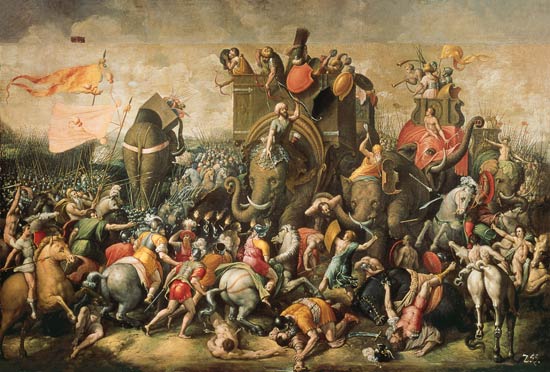 Schlachtbild mit Kriegselefanten. van Giulio Romano