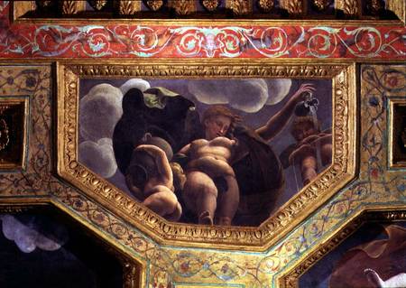 A nymph pouring water from a jug, a putto urinating and another putto holding an urn, ceiling caisso van Giulio Romano
