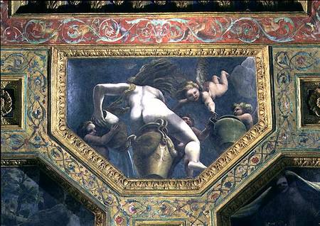 A nymph pouring water from an urn aided by putti, ceiling caisson from the Sala di Amore e Psiche van Giulio Romano
