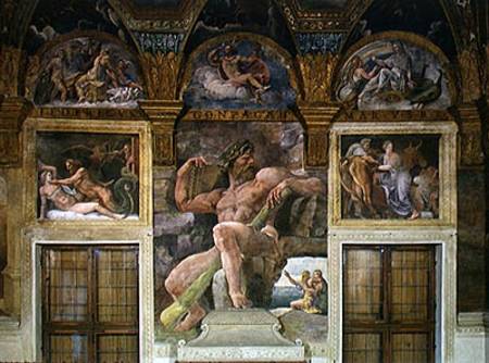 Olympia seduced by Jupiter, Polyphemus guarding Acis and Galatea, Pasiphae entering the cow construc van Giulio Romano