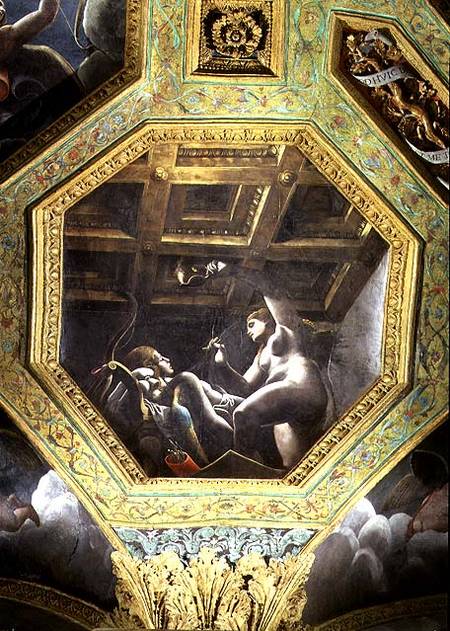 Psyche sees Cupid while he sleeps, ceiling caisson from the Sala di Amore e Psiche van Giulio Romano