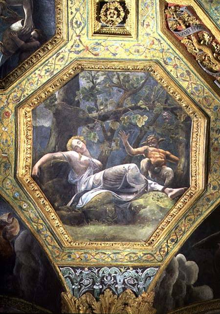 Psyche sleeping in the valley of Cupid, ceiling caisson from the Sala di Amore e Psiche van Giulio Romano