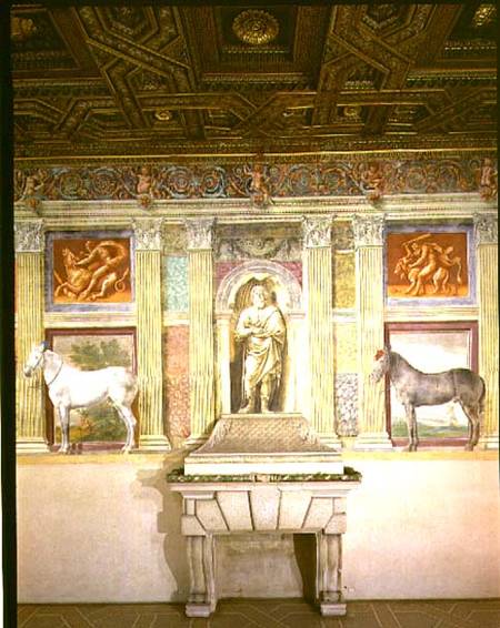 Sala dei Cavalli with trompe l'oeil portraits of two horses, the god Jupiter and imitation bronze pa van Giulio Romano
