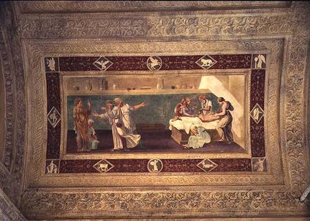 Scene of a doctor attending a sick man, ceiling painting from the Giardino Segreto van Giulio Romano