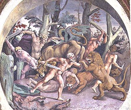Scene showing that those born under the sign of Leo in conjunction with the constellation of the Dog van Giulio Romano