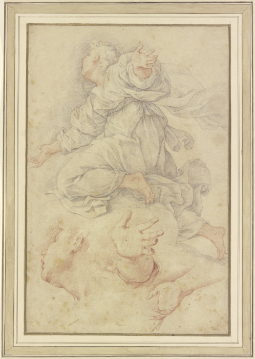 Studienblatt: Kniender Engel auf Wolken mit fliegendem Gewand, darunter eine Wiederholung des Kopfes van Giuseppe Bartolomeo Chiari