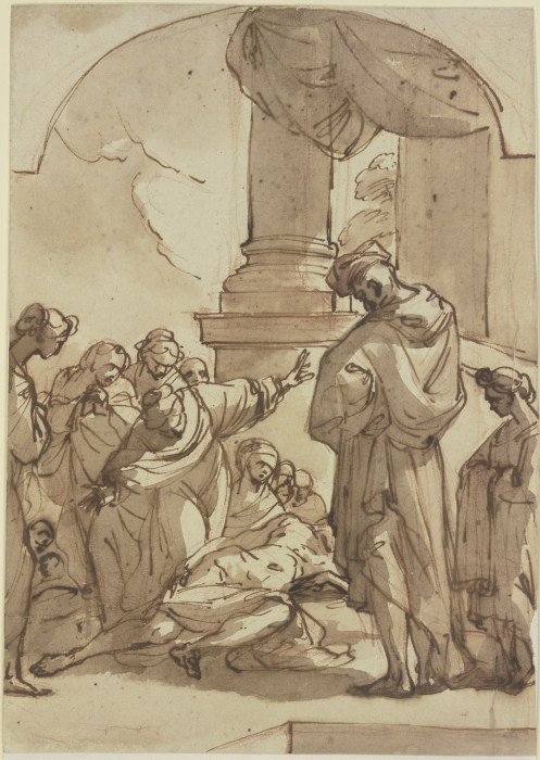 Viele Figuren vor einer Säulenhalle um einen Sterbenden versammelt van Giuseppe Maria Crespi