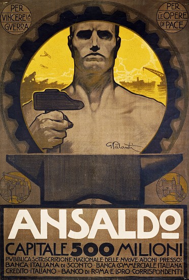 Worker with hammer and anvil, poster of Ansaldo of Genoa for the subscription of new shares van Giuseppe Palanti