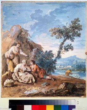 Three peasants resting on a river bank