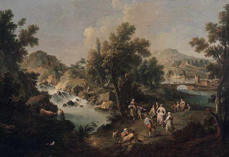 Landscape with a River and Dancing Peasants van Giuseppe Zais
