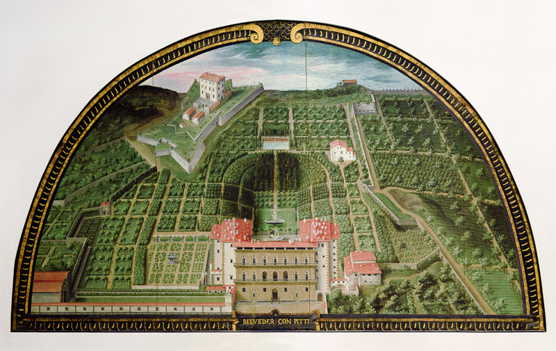 Fort Belvedere and the Pitti Palace from a series of lunettes depicting views of the Medici villas van Giusto Utens