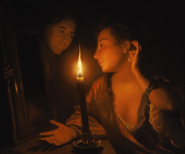 A Lady Admiring An Earring by Candlelight van Godfried Schalcken