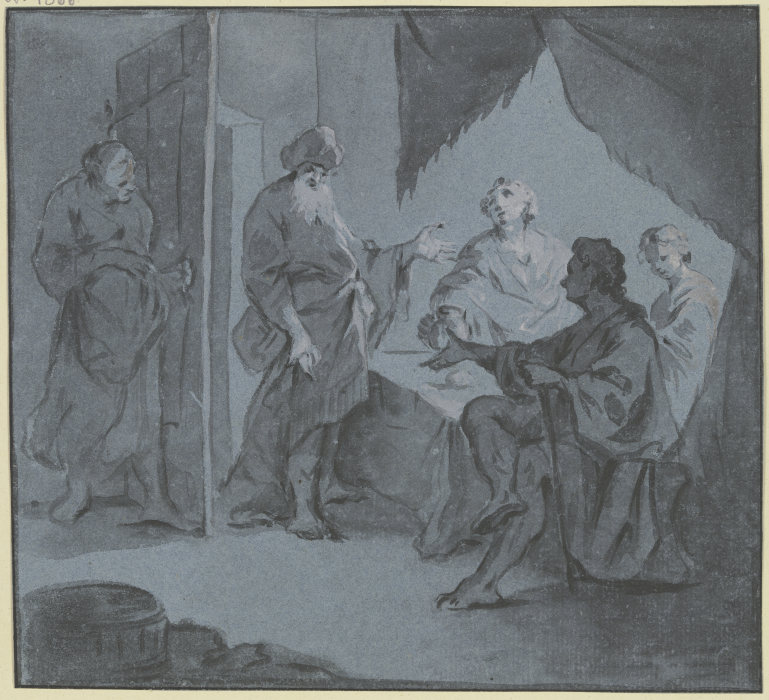 Abraham bewirtet die drei an einem Tisch sitzenden Engel, links an der Tür lauscht Sara van Gottlieb Welté