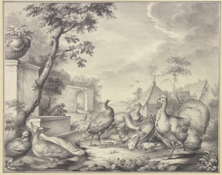 Truthahn und Tauben bei der Fütterung, links drei Enten van Gottlieb Friedrich Riedel