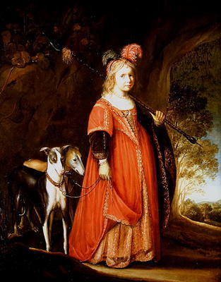 Portrait of a young girl as Diana, in a glade with two greyhounds (oil on canvas) van Govaert Flinck