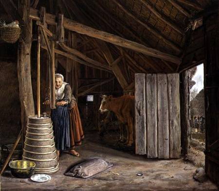 Barn Interior with a Maid Churning Butter van Govert Dircksz. Camphuysen