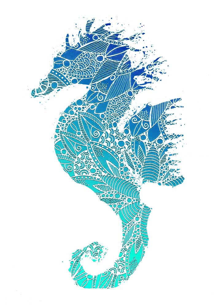 Blue Mandala Seahorse Silhouette van Sebastian  Grafmann