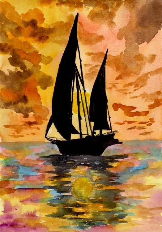 Segelboot und Sonnenuntergang van Sebastian  Grafmann